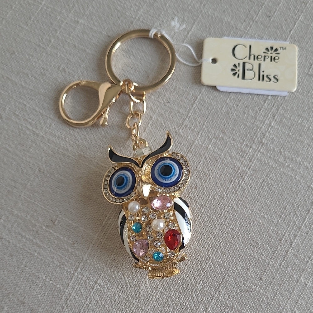 💚Evil Eye Gold Owl Keychain with Colorful Gems